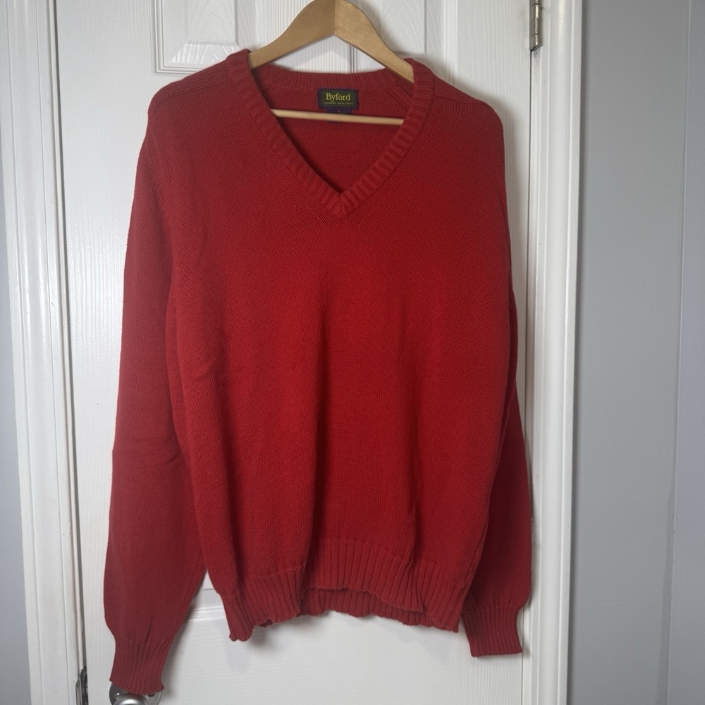 Byford Pullover V-neck LS Sweater - Red - Knit - Cotton - Large Men's  - Vintage
